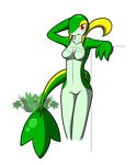  2014 anthro breasts featureless_crotch female green_skin latiar leaf navel nintendo nude open_mouth plain_background pok&eacute;mon pok&eacute;morph red_eyes snivy solo video_games white_skin yellow_skin 