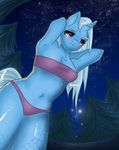  anthro arms_behind_head blue_fur blue_hair breasts clothing equine female friendship_is_magic fur hair horn long_hair mammal my_little_pony navel outside purple_eyes smile solo standing swimsuit trixie_(mlp) unicorn wet wet_hair wooxx 