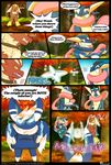  ambiguous_gender amphibian anthro avian blaziken collar comic dialogue digital_media_(artwork) english_text fire greninja group hi_res male mega_stone meowstic nintendo open_mouth outside pok&eacute;mon redimplight standing teeth text tongue video_games 