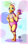  2015 animatronic anthro avian beak bib bird blue_eyes blush chicken claws clothing cupcake cupcake_(fnaf) emeraldarcanine eyelashes feathers female five_nights_at_freddy&#039;s five_nights_at_freddy&#039;s_2 food hi_res looking_at_viewer machine mechanical panties pink_panties robot smile solo toe_claws toy_chica_(fnaf) underwear white_claws wide_hips yellow_body 