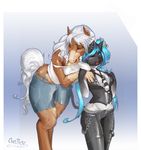  2012 anthro bent_over black_fur blue_hair blush breasts brown_skin cat chain clothed clothing duo ear_piercing equine eyes_closed feline female fur hair horse jeans jen mammal maya one_eye_closed oneobese open_mouth piercing skimpy white_hair wink 