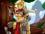  2014 anthro anthrofied applejack_(mlp) armor blonde_hair breasts equine female forest freckles friendship_is_magic gauntalet grass greatsword green_eyes hair horse looking_at_viewer mammal my_little_pony navel outside pony ponytail skecchiart solo sword tree unconvincing_armor under_boob weapon 
