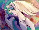  2015 anthro anthrofied areola breasts clothing cutie_mark equine female friendship_is_magic hair horn long_hair lying mammal missblue multicolored_hair my_little_pony navel nipples on_back panties princess_celestia_(mlp) purple_eyes pussy solo translucent transparent_clothing underwear winged_unicorn wings 