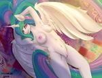  2015 anthro anthrofied areola breasts cutie_mark equine female friendship_is_magic hair horn long_hair lying mammal missblue multicolored_hair my_little_pony navel nipples nude on_back princess_celestia_(mlp) purple_eyes pussy solo winged_unicorn wings 