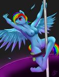  2015 anthro anthrofied areola blue_fur breasts clothed clothing dancing equine female friendship_is_magic fur garter hair half-dressed horse long_hair mammal money multicolored_hair my_little_pony nipples nude open_mouth pegasus pole pole_dancing pony pussy rainbow_dash_(mlp) rainbow_hair smile solo stripper thehashbaron topless wings 