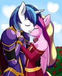  &lt;3 2015 absurd_res anthro anthrofied armor blue_hair breasts bush cape close clothing cloud couple cute dress duo equine eyes_closed female flower friendship_is_magic hair hand_holding hi_res horn hug husband_and_wife male mammal multicolored_hair my_little_pony outside plant princess_cadance_(mlp) rose shining_armor_(mlp) skecchiart sky straight unicorn winged_unicorn wings 