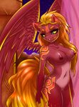 absurd_res anthro big_breasts breasts cutie_mark equine fan_character feathers female freckles fur glowing glowing_eyes hair hi_res horn long_hair looking_at_viewer mammal my_little_pony navel nipples orange_eyes orange_hair outside pussy red_fur smile solo standing winged_unicorn wings wooxx 