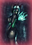  2014 anthro anthrofied big_breasts big_butt breasts butt changeling digital_media_(artwork) eye_through_hair female friendship_is_magic green_eyes green_hair green_theme hair hi_res holes horn looking_back my_little_pony nipples queen_chrysalis_(mlp) sixpathoffriendship slit_pupils solo standing translucent_hair wings 