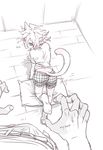  animal_ears anthro blue_eyes bulge cat_ears catboy dangan_ronpa duo faceless_male first_person_view hair looking_back male monochrome nagito_komaeda solo_focus 