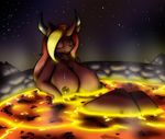  2015 anthro areola big_breasts breasts equine eyes_closed female fire_eclipse hair hi_res horn huge_breasts lava long_hair mammal nipples outside smile solo suirano two_tone_hair unicorn 