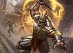  armor axe charging city cityscape destruction dutch_angle explosion fire fleeing group holding_weapon horn human james_ryman magic_the_gathering male mammal minotaur official_art roaring soldier weapon 
