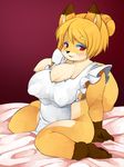  akitaka anthro apron bed big_breasts blonde_hair blush breasts canine chest_tuft chubby eyeshadow female fox fur hair hair_bun looking_at_viewer makeup mammal markings milf mother naked_apron nipple_bulge on_bed parent plain_background red_background red_eyes sitting smile socks_(marking) solo tuft voluptuous yellow_fur 
