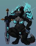  anthro armor blue_eyes breasts canine claws cleavage clothed clothing death_knight dog fantasy female flower fur glowing glowing_eyes hair mammal nakoo plant rose skimpy smile solo sword teeth undead video_games warcraft weapon were werewolf wolf worgen world_of_warcraft 