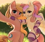  2014 cutie_mark duo equine fan_character female fur hair horn katputze long_hair mammal my_little_pony outside pegasus selfie smile socks striped_legwear two_tone_hair unicorn wings 