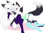  2014 akukun all_fours anthro arctic_fox arm_support black_fur blue_eyes blush bulge butt canine clothed clothing cute_fangs duo fennec fox fur garter_belt girly hair hairclip hands_on_hips lazylogic legwear lehran looking_at_viewer male mammal odoke one_eye_closed open_mouth panties purple_eyes reclining shirt skimpy smile stockings surprise tank_top thigh_highs translucent transparent_clothing underwear white_fur white_hair wink 