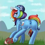  &lt;3 2015 american_football anus blush butt cutie_mark equine female feral friendship_is_magic grass hair hat long_hair looking_at_viewer mammal mingamia multicolored_hair my_little_pony outside pegasus purple_eyes pussy pussy_juice rainbow_dash_(mlp) rainbow_hair solo wings 