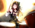  baileys_(tranquillity650) bare_shoulders black_pants black_tank_top bow breasts brown_eyes brown_hair cleavage clothes_writing collarbone detached_sleeves drum drum_set forehead_protector green_bow hair_intakes headband holding_drumsticks instrument jintsuu_(kantai_collection) kantai_collection long_hair looking_away medium_breasts pants remodel_(kantai_collection) sarashi signature sitting solo sweat tank_top twitter_username 
