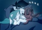  bed black_hair blanket equine eyes_closed fan_character female fur group hair horse male mammal my_little_pony on_bed pony red_fur sleeping smile thegamercolt white_fur 