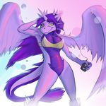  2014 abstract_background anthro antumbra bottomless cleavage clothed clothing dragon earphones female green_eyes hair horn looking_at_viewer purple_hair purple_skin smile solo standing wings 