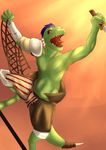  anthro bunnylace clothed clothing fantasy gladiator half-dressed kobold male net pants reptile scalie screaming solo topless triped weapon 