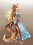  anthro barefoot blue_eyes breasts canine claws clothed clothing digitigrade dress female fox fur hair imanika jewelry long_hair long_tail mammal revealing smile solo 