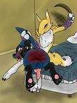  anthro ball_gag balls bandai belt butt crying cum digimon drooling duo female gag heyitshappydoodles lucario male nintendo on_lap over_knee penis pok&eacute;mon renamon saliva spanked spanking tears video_games whip whipping 