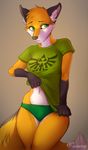  2015 anthro blush canine clothing female fox green_eyes kaitycuddle mammal navel panties shirt shy solo underwear undressing 