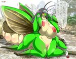  ? abdomen antennae anthro arthropod big_breasts black_hair blush breast_squish breasts chubby eyes_closed female hair huge_breasts insect japanese_text kneeling ladybug mantis multi_limb multiple_legs nude outside pussy solo text translated wide_hips wings ymbk 