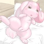  4_fingers 4_toes anthro bed bedroom_eyes blush brown_eyes cm cub cute eyelashes female fur happy_happy_clover japanese lagomorph long_ears mallow mammal meru pillow pink_fur pixiv presenting pussy rabbit sayuri_tatsuyama seduction short_fur solo spreading toes young 