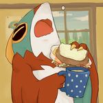  ambiguous_gender avian beverage bird eating eyes_closed food hawk hawlucha nintendo open_mouth pok&eacute;mon poster sandwich_(food) solo tree video_games window yawn うなぎの_(artist) 