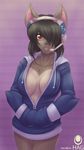  2014 avencri bat big_breasts black_hair bottomless breasts cleavage clothed clothing daisy_(avencri) digital_media_(artwork) female front_view fur grey_body grey_fur hair half-dressed headset hoodie looking_at_viewer mammal red_eyes smile solo standing 