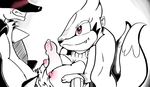  2014 big_breasts blush breasts canine clothing cum duo female floatzel fur lucario male mammal mortal_chocolate multiple_tails mustelid nintendo nipples penis plain_background pok&eacute;mon red_eyes teeth titfuck video_games 