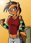  2014 anthro anthrofied arm_warmers breasts clothing cutie_mark ear_piercing equine fan_character female fur hair horn looking_at_viewer mammal my_little_pony orange_fur panties piercing shirt shorts smile solo sparkler99 sparky_riddlefront tank_top underwear unicorn 