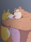  against_wall bear bigger_version_at_the_source blush brown_fur canine chubby duo fur gay kissing launcher_(artist) male mammal muscles overweight pinned tongue tongue_out 