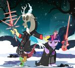  2014 annoyed cape cloak clothing dead_tree discord_(mlp) draconequus equine fangs female friendship_is_magic glowing horn levitation lightsaber magic male mammal my_little_pony pixelkitties purple_eyes snow snowing sparkles standing tree twilight_sparkle_(mlp) weapon winged_unicorn wings 