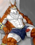  abs anthro bandage biceps black_nose brown_fur canine claws clothed clothing cum cum_string ear_piercing erection eurobeat fangs fur half-dressed leaking looking_at_viewer male mammal muscles nipples orange_eyes pecs penis piercing pose precum set_(puzzle_and_dragons) sitting smile solo teeth toned topless white_fur 