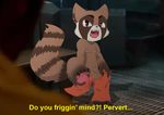  abs angry anthro ariesartist balls clothed clothing dialogue dressing guardians_of_the_galaxy half-dressed looking_at_viewer male mammal muscles nipples nude pants pants_down penis raccoon red_eyes ringed_tail rocket_raccoon solo text topless voyeur 