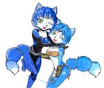  anthro breasts canine clothed clothing duo female fox hug krystal mammal navel nintendo one_eye_closed open_mouth plain_background spacesuit square_crossover star_fox swinging video_games white_background wink wolfmoon17 
