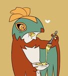  &lt;3 ambiguous_gender avian bird bowl eating fork hawk hawlucha nintendo plain_background pok&eacute;mon solo video_games yellow_eyes うなぎの_(artist) 