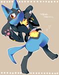  &lt;3 ambiguous_gender blush canine clothing japanese_text kensan looking_at_viewer lucario mammal navel nintendo pok&eacute;mon solo sweat text translation_request video_games 