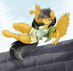  2015 ambris anthro anthrofied black_hair breasts cleavage clothed clothing daring_do_(mlp) equine female friendship_is_magic fur hair hi_res mammal my_little_pony pegasus purple_eyes solo wall wings yellow_fur 