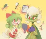  brush duo female flora_fauna flower green_hair hair kirlia mirror nintendo open_mouth plant pok&eacute;mon red_eyes ribbons roserade smile video_games white_hair yassui 