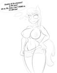  2014 anthro anthrofied black_and_white breasts cheerilee_(mlp) clothed clothing digital_drawing_(artwork) english_text equine female friendship_is_magic half-dressed horse jrvanesbroek mammal monochrome my_little_pony nipples plain_background pony shorts sketch solo standing text topless white_background 