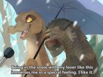  ambiguous_gender blush couple covering dinosaur duo embarrassed english_text godzilla godzilla_(series) meme microphone open_mouth reptile scalie snow special_feeling teeth text umbrella yassui yellow_eyes 
