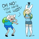  adventure_time annoyed backpack blonde_hair blue_background breasts cartoon chubby duo empty-10 english_text fake_ears female finn_the_human fionna_the_human gasp hair hat human humor male mammal na&iuml;ve not_furry plain_background shocked socks text toony 