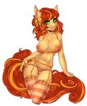  2014 anthro bra breasts clothed clothing equine fan_character female green_eyes horse legwear looking_at_viewer mammal my_little_pony nipples panties panty_pull pony ribbons skimpy smile stockings underwear xenthyl 