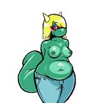 2014 anthro arcnod belly blonde_hair breasts chubby clothing dragon eyewear female glasses green_skin hair horn inverted_nipples navel nipples plain_background scalie solo thick_tail topless white_background 