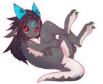  2014 anthro anus black_hair blush breasts claws costom10 dragon female grey_body hair legs_up looking_at_viewer lying on_back plain_background pussy red_eyes solo white_background white_body 
