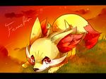  2013 ambiguous_gender black_nose blush canine cloud fennekin feral fox fur grass mammal miku1215 nintendo outside paws pok&eacute;mon red_eyes red_fur sky solo star text video_games yellow_fur 