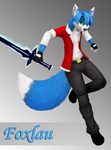  2014 anthro blue_fur blue_hair canine clothed clothing fox fur hair jamesfoxbr looking_at_viewer male mammal plain_background solo sword weapon 